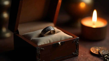 A luxurious tungsten ring elegantly placed in a wooden box in dimly lit surroundings