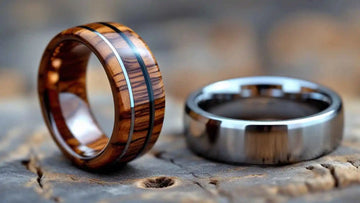 A wooden inaly tungste ring placed next to a stainless steel ring