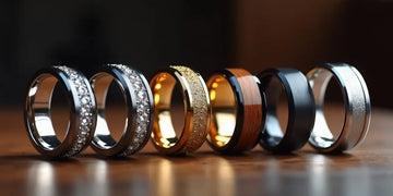 various tungsten rings placed on wooden table under cinematic lighting