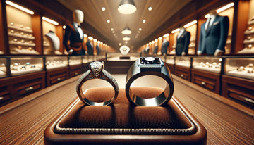 wide-angle comparison image showcasing classic and modern tungsten diamond rings side by side.