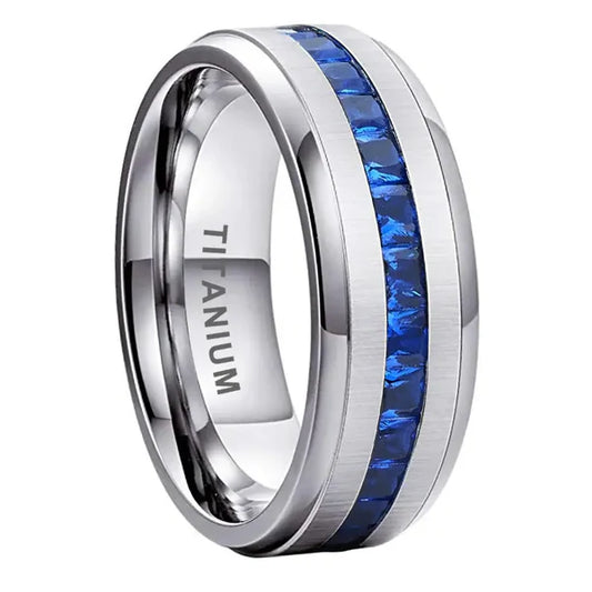 Titanium Eternity Ring with Blue Princess CZ