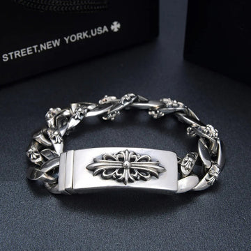 Chrome Heart Floral Cuban Link Bracelet Sterling Silver