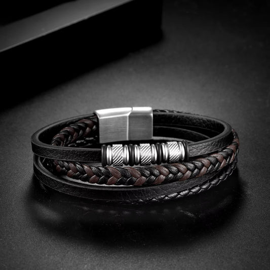 Men’s Multi Layer Leather Bracelet with Steel Clasp