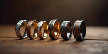 six different styles of Tungsten rings placed on a wooden table | product photography