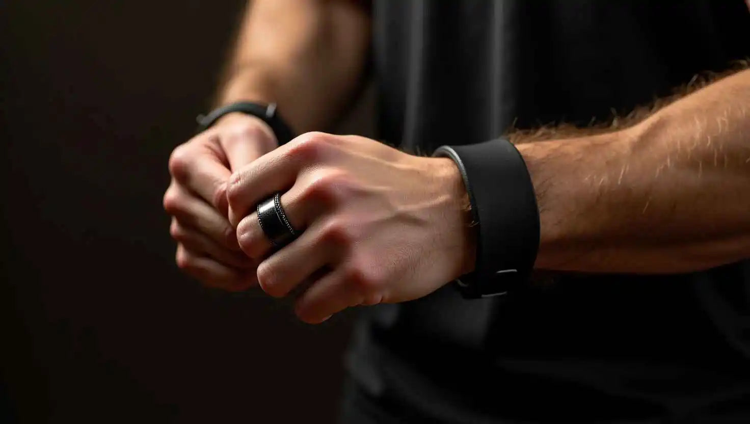 A portrait of a man wearing black accessories and a black tungsten ring that perfectly complements his outfit