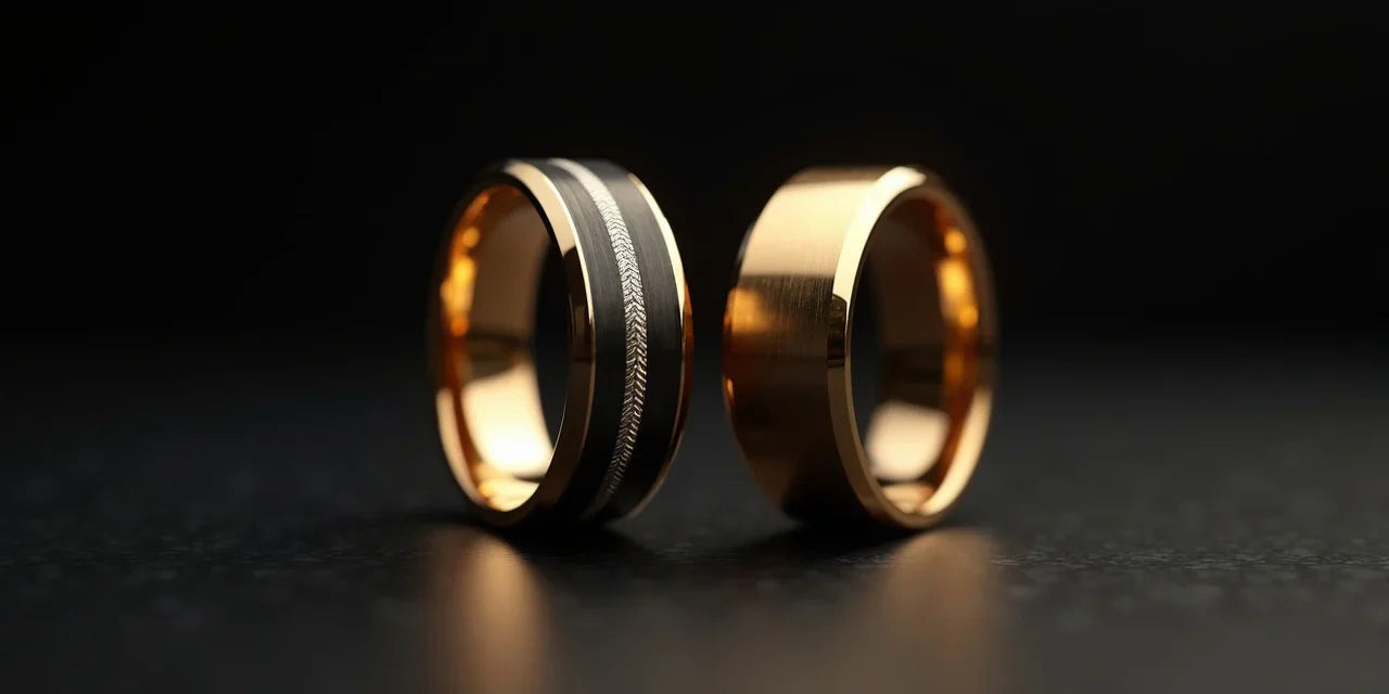 tungsten wedding ring and gold wedding ring side by side