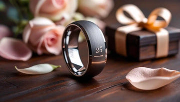 Macro photograph of a Luxurious tungsten ring in a anniversary themed setting