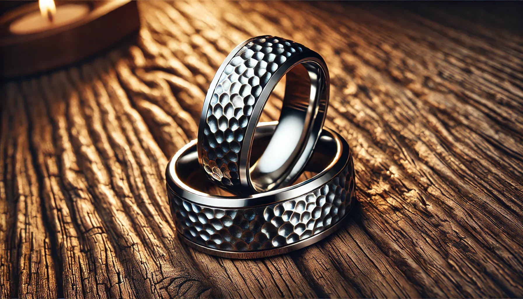wide-angle image showcasing hammered tungsten wedding bands with a unique and rugged look. 