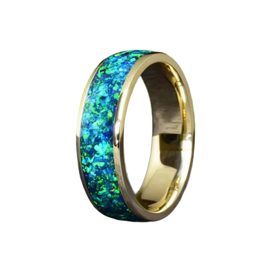 8mm Dark Green & Blue Opal Inlay Golden Tungsten Ring-Tungsten Ring-Orivon Jewelers