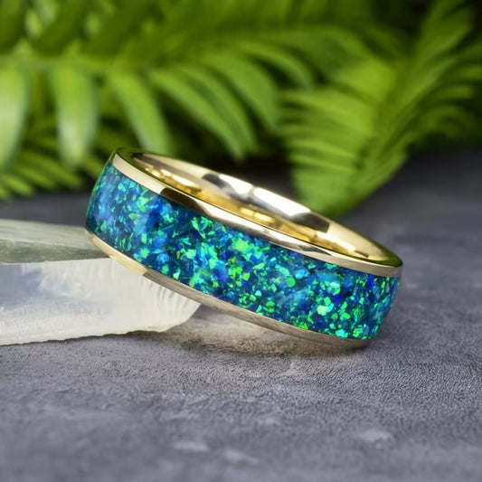 8mm Dark Green & Blue Opal Inlay Golden Tungsten Ring-Tungsten Ring-Orivon Jewelers