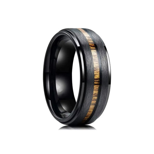 8mm Black Stainless Koa Wood Inlay Steel Ring-Rings-Sairahaz Jewelers