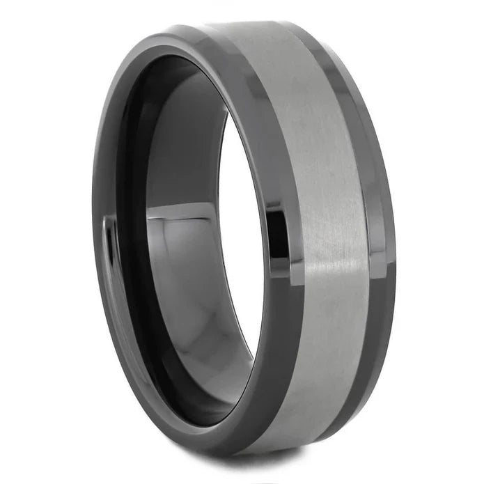 Hammered 6-8mm Tungsten Ring Beveled Edge Inlay