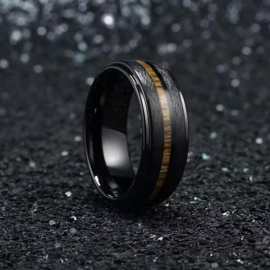 8mm Black Stainless Koa Wood Inlay Steel Ring-Rings-Sairahaz Jewelers