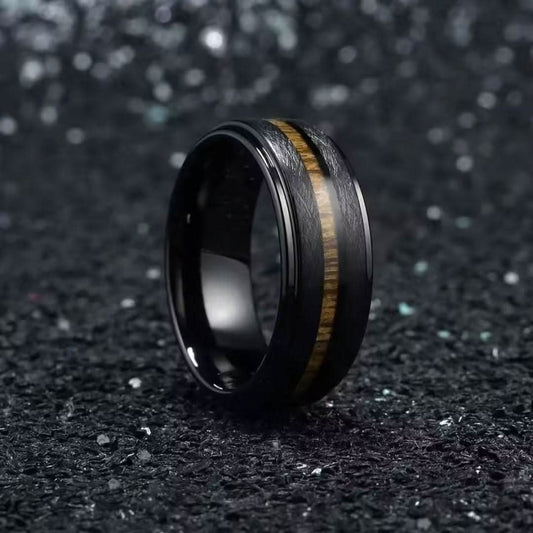8mm Black Stainless Koa Wood Inlay Steel Ring-Rings-Sairahaz Jewelers