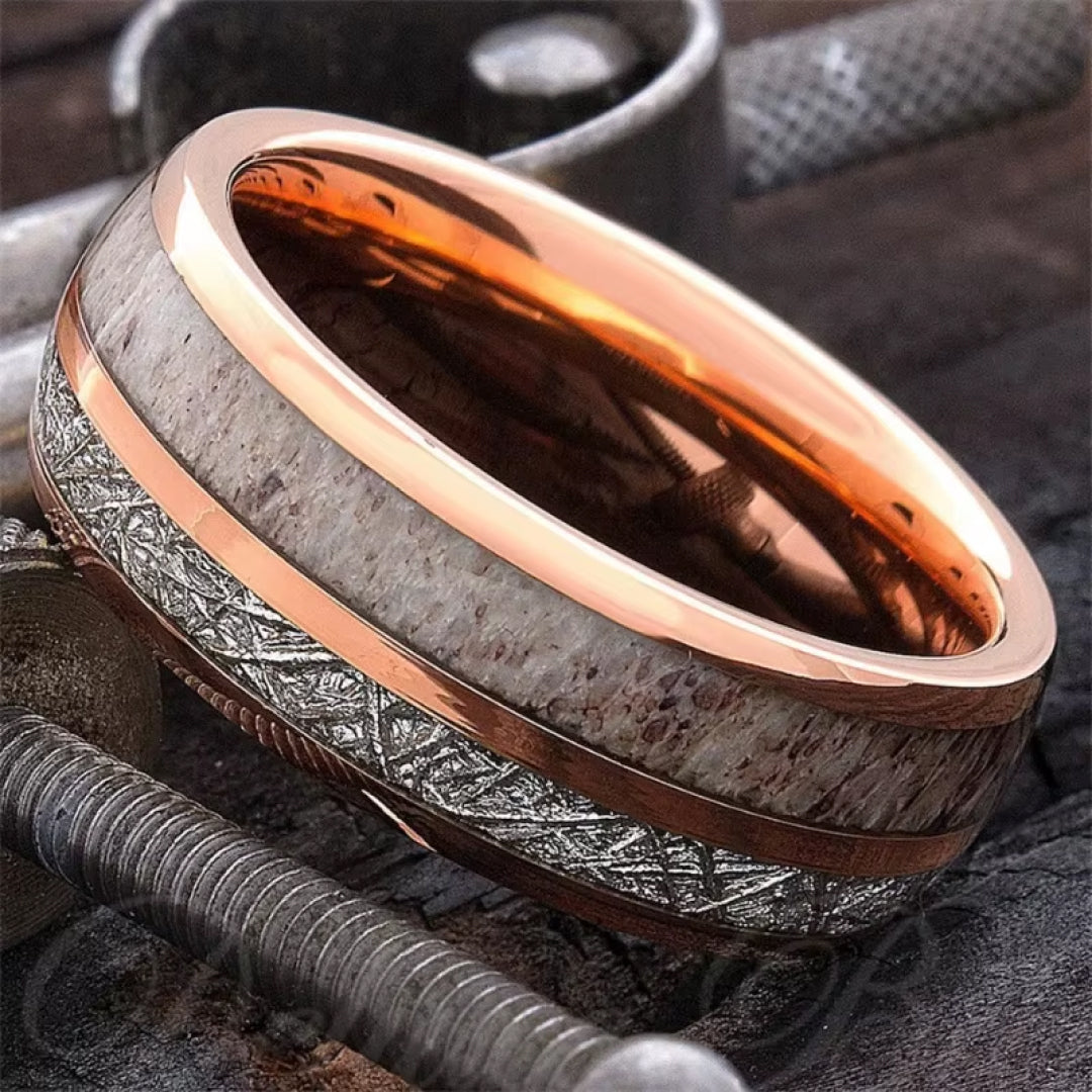 6mm Rose Gold Deer Antler & Meteorite Tungsten Ring-Tungsten Ring-Orivon Jewelers