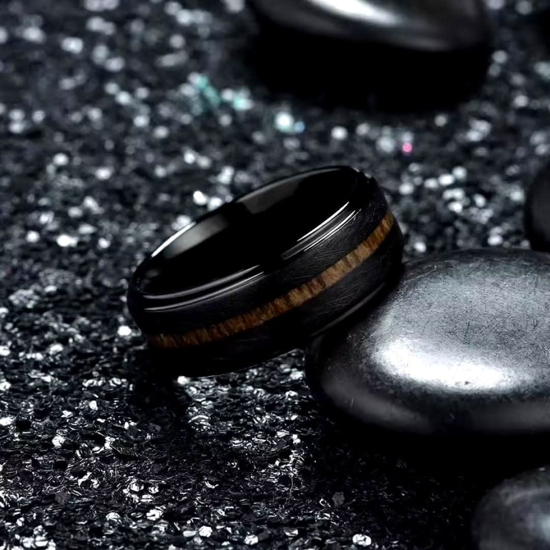 8mm Black Stainless Koa Wood Inlay Steel Ring-Rings-Sairahaz Jewelers