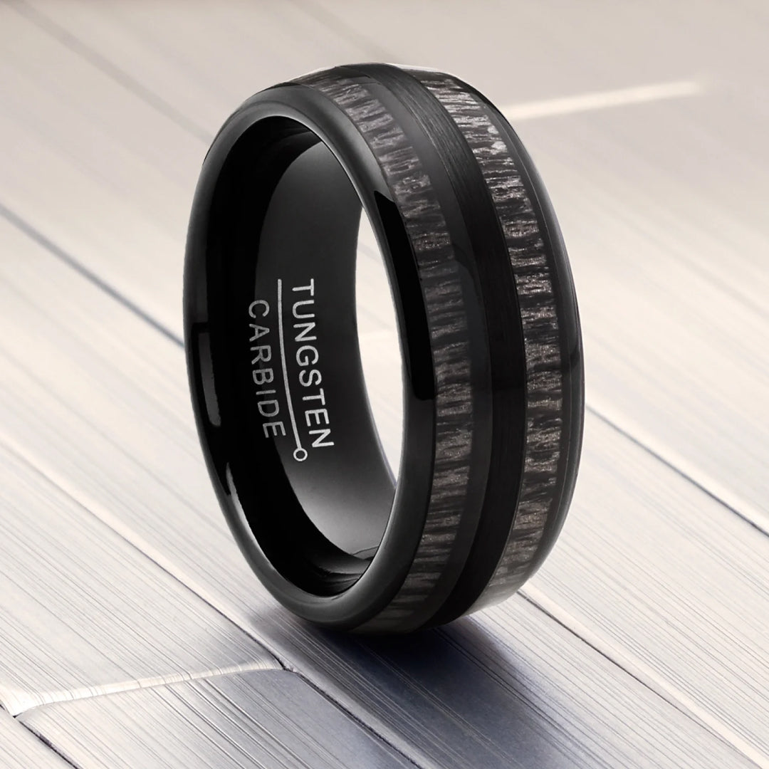 8mm Black Wood Inlay Black Tungsten Ring-Tungsten Ring-Orivon Jewelers