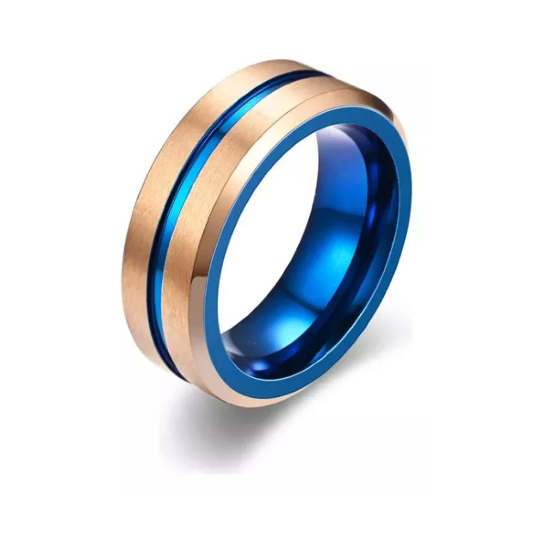 8mm Rose Gold Surgical Steel with Blue Groove Tungsten Ring-Tungsten Ring-Orivon Jewelers