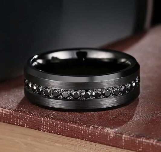 8mm Matte Hammered Finish Black Tungsten Carbide Ring-Tungsten Ring-Orivon Jewelers