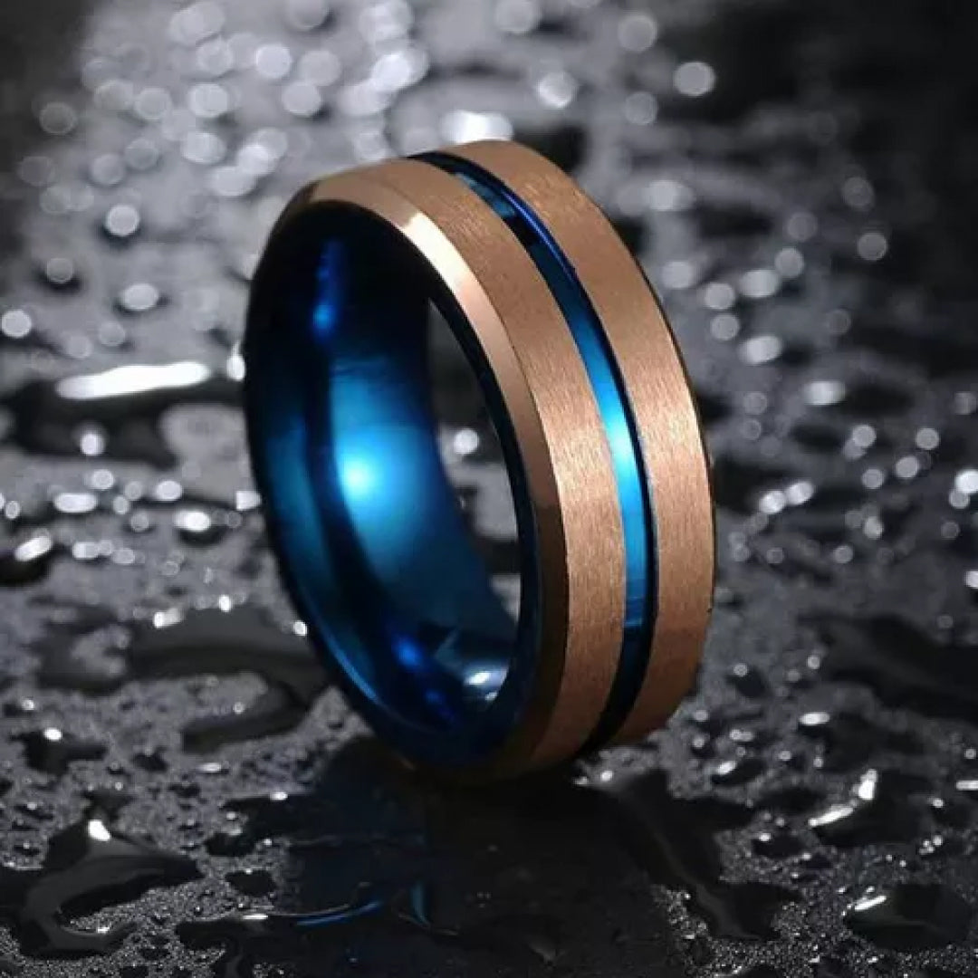 8mm Rose Gold Surgical Steel with Blue Groove Tungsten Ring-Tungsten Ring-Orivon Jewelers