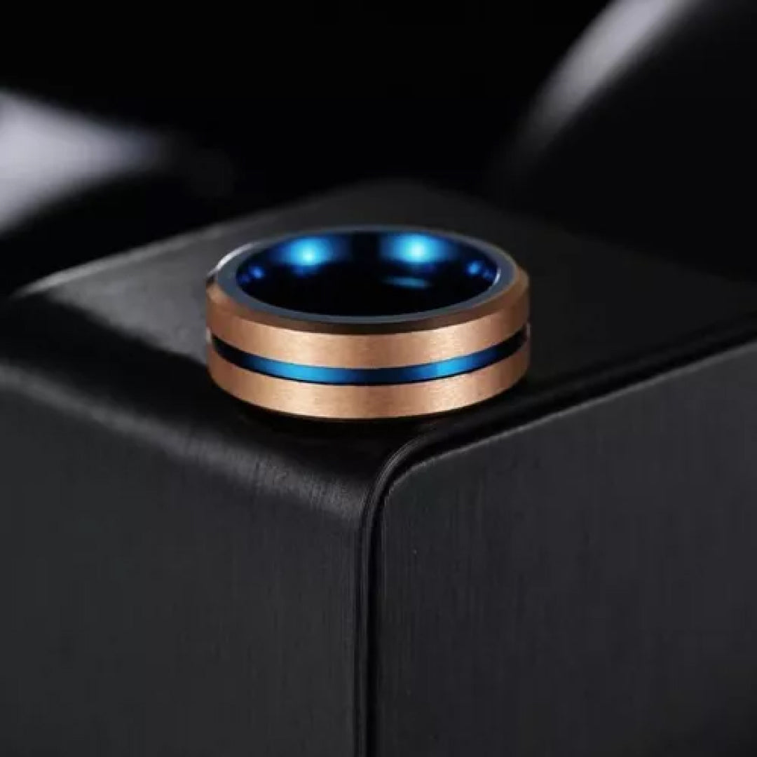 8mm Rose Gold Surgical Steel with Blue Groove Tungsten Ring-Tungsten Ring-Orivon Jewelers