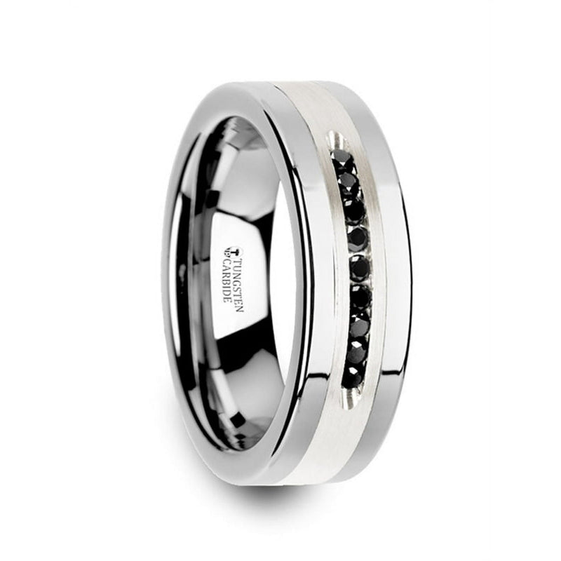 6mm Silver Tungsten Ring with Sterling Inlay & Black Lab Diamonds-Tungsten Ring-Orivon Jewelers