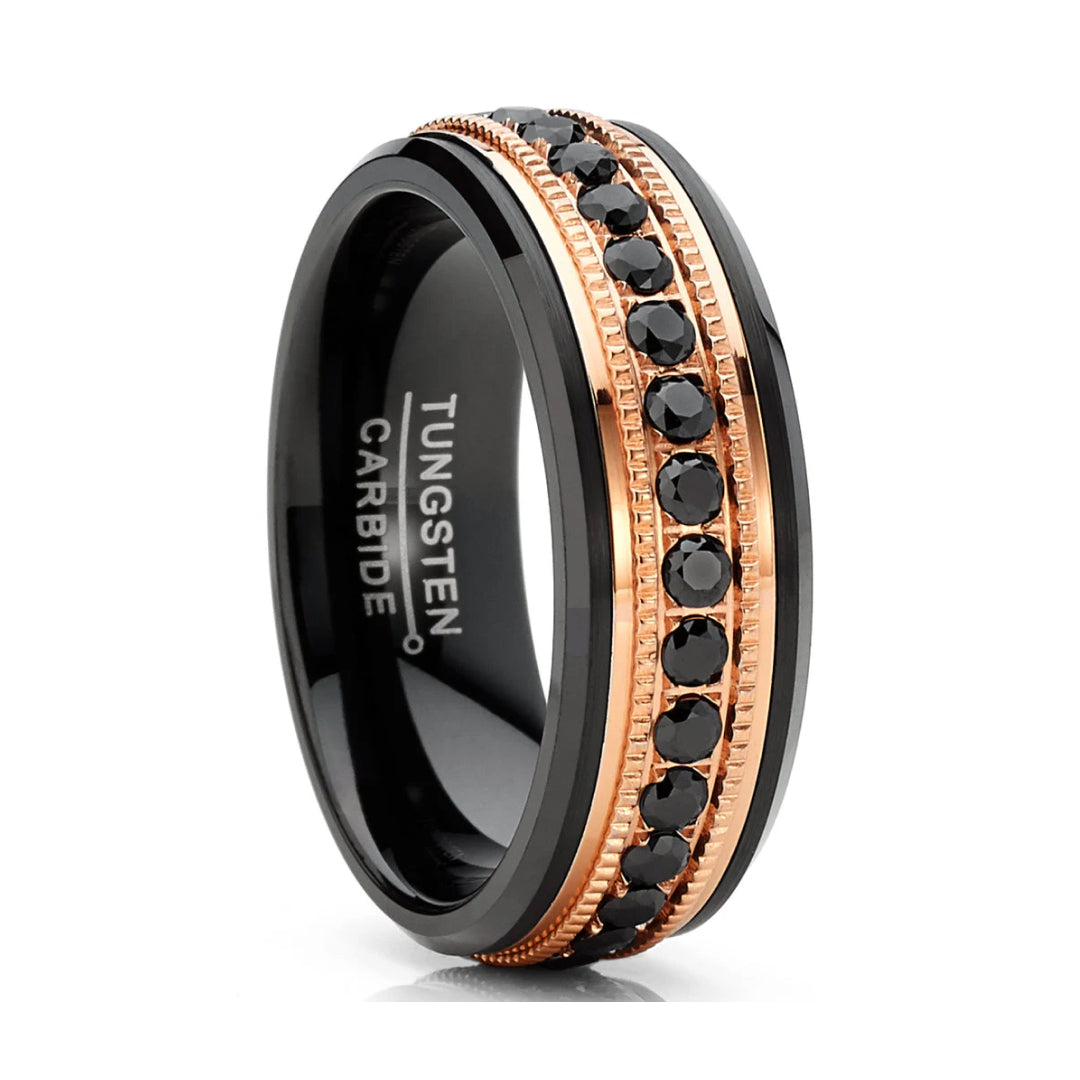 8mm Black & Rose Gold Tungsten Eternity Ring with Black Lab Diamonds-Tungsten Ring-Orivon Jewelers