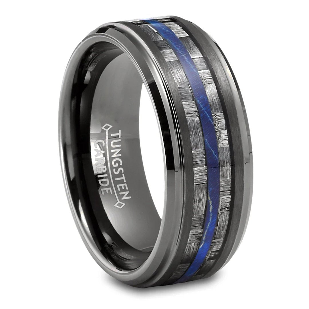 8mm Gunmetal Tungsten Carbide Ring with Blue Wood Inlay-Tungsten Ring-Orivon Jewelers