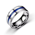 Trendy 8mm Titanium Tungsten Black & Blue Groove Ring-Tungsten Ring-Orivon Jewelers