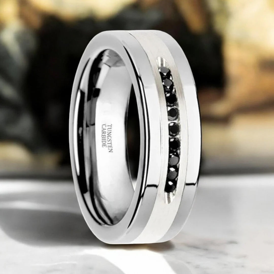 6mm Silver Tungsten Ring with Sterling Inlay & Black Lab Diamonds-Tungsten Ring-Orivon Jewelers