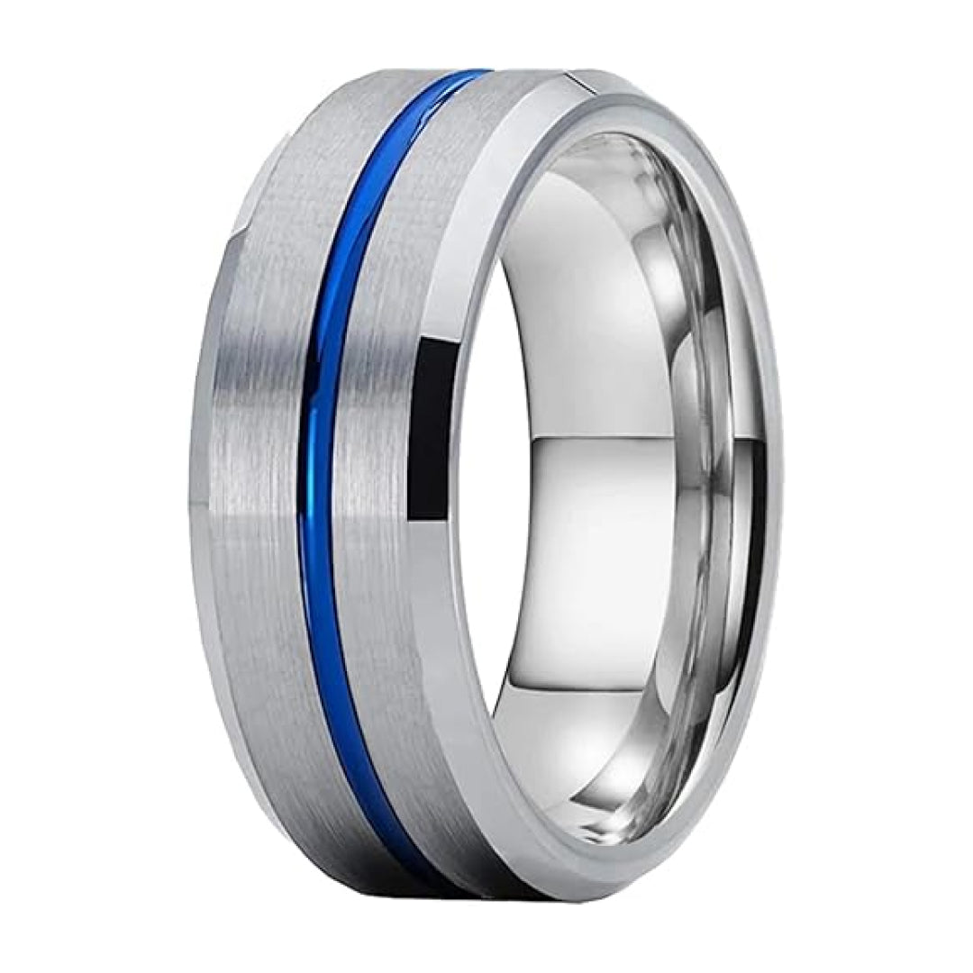 Trendy 8mm Titanium Tungsten Black & Blue Groove Ring-Tungsten Ring-Orivon Jewelers