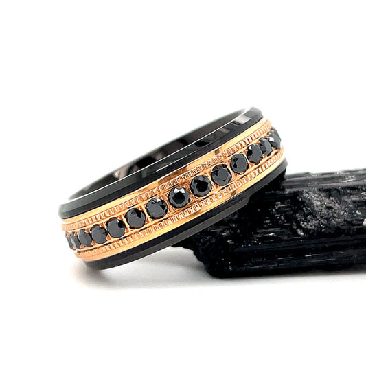 8mm Black & Rose Gold Tungsten Eternity Ring with Black Lab Diamonds-Tungsten Ring-Orivon Jewelers