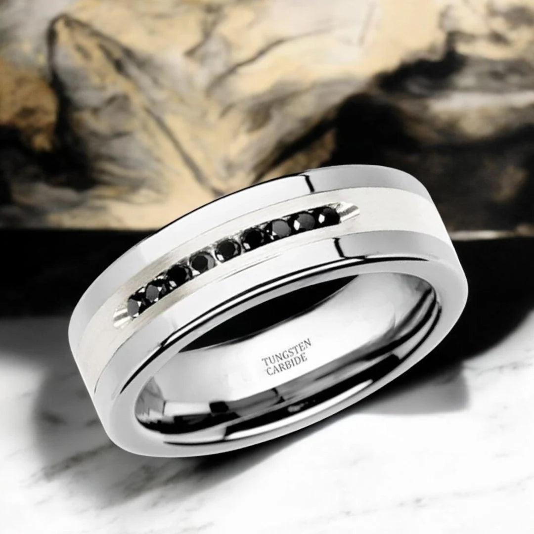 6mm Silver Tungsten Ring with Sterling Inlay & Black Lab Diamonds-Tungsten Ring-Orivon Jewelers