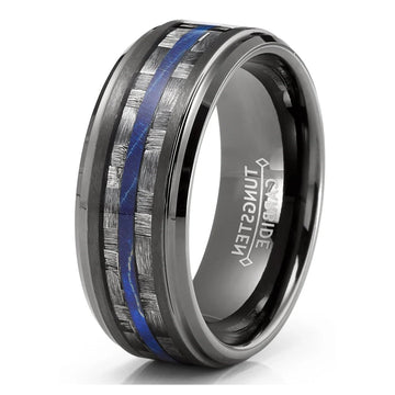 8mm Gunmetal Tungsten Carbide Ring with Blue Wood Inlay-Tungsten Ring-Orivon Jewelers