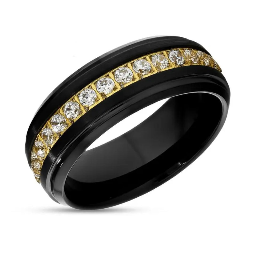 8mm Yellow Gold Tungsten Wedding Ring with White Lab Diamond-Tungsten Ring-Orivon Jewelers