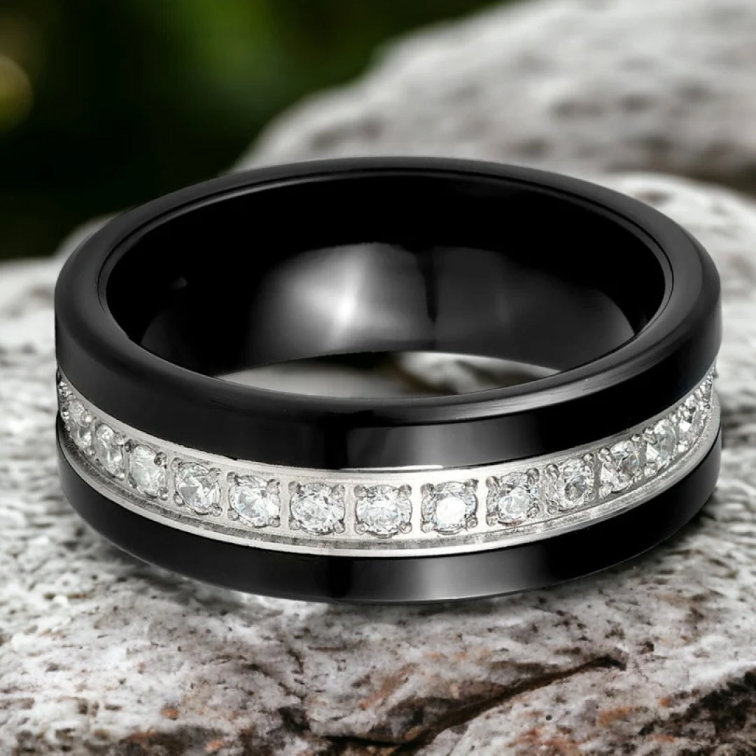 8mm Men's Black Tungsten Ring with White Lab Diamond-Tungsten Ring-Orivon Jewelers