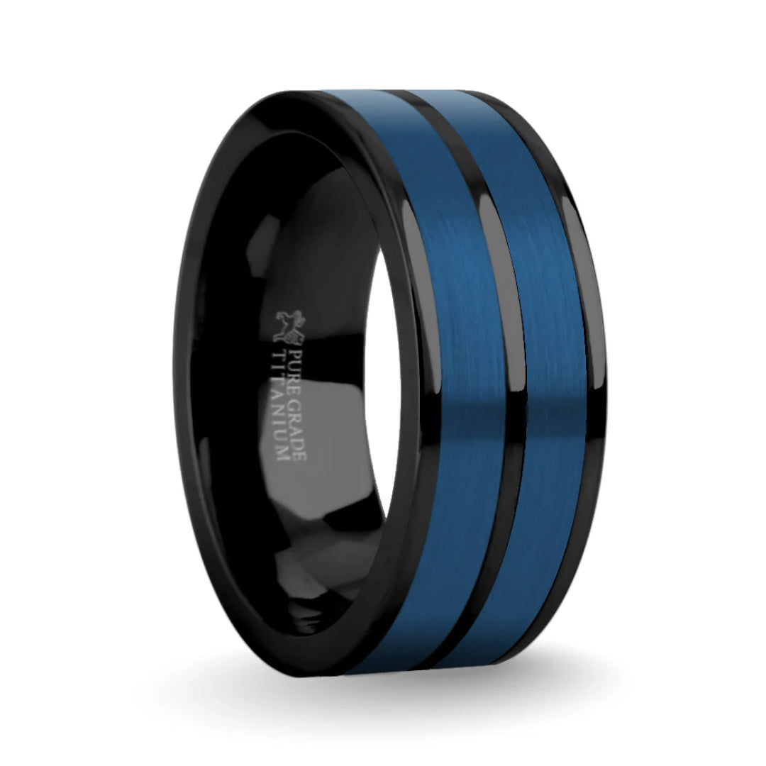 8mm Brushed Blue Tungsten Carbide Inlay Black Titanium Ring-Tungsten Ring-Orivon Jewelers