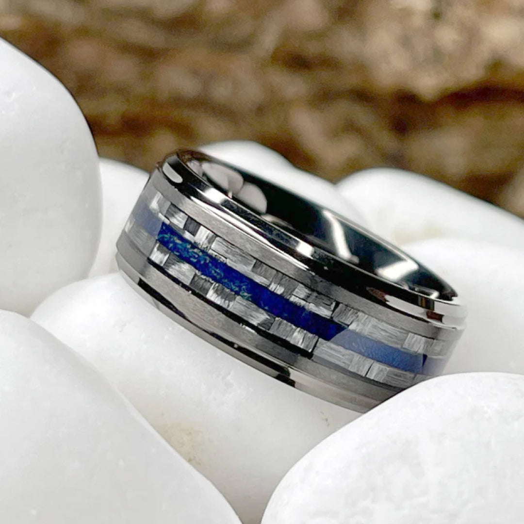 8mm Gunmetal Tungsten Carbide Ring with Blue Wood Inlay-Tungsten Ring-Orivon Jewelers