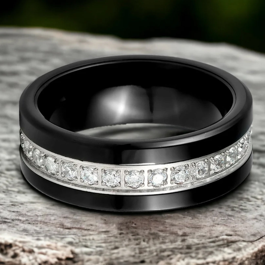 8mm Men's Black Tungsten Ring with White Lab Diamond-Tungsten Ring-Orivon Jewelers