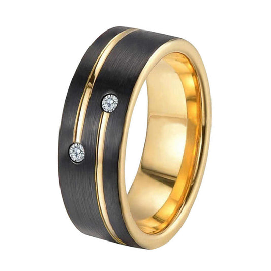 Gold Inlay Midnight Gleam Lab Diamond Dark Tungsten Ring-Tungsten Ring-Orivon Jewelers