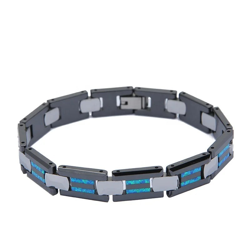 Black Ceramics Blue Fire Opal Tungsten Bracelet