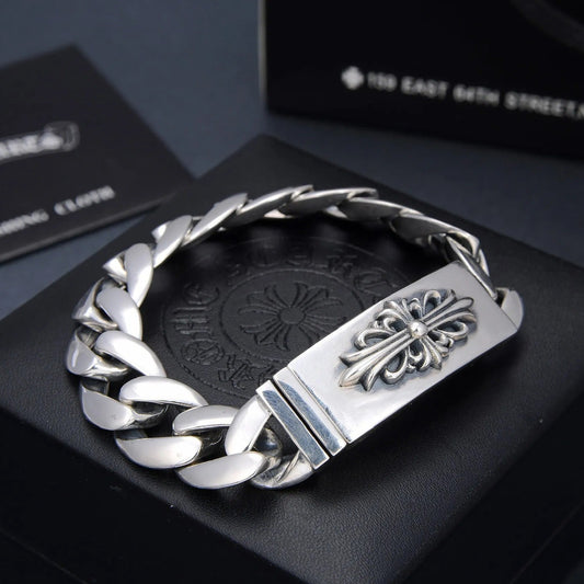 Chrome Heart Floral Cuban Link Bracelet Sterling Silver