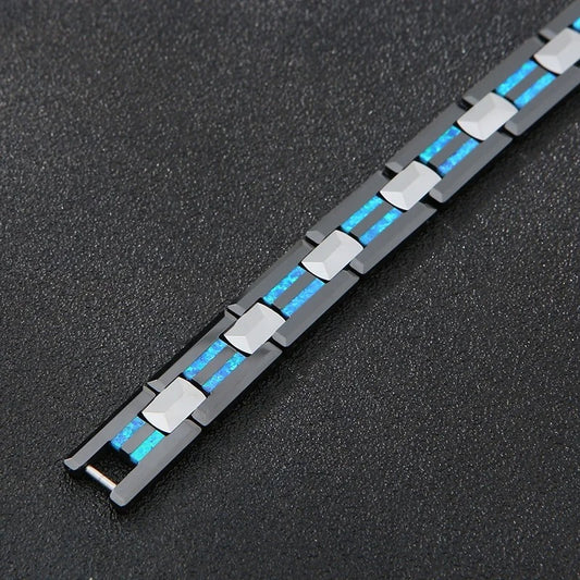 Black Ceramics Blue Fire Opal Tungsten Bracelet