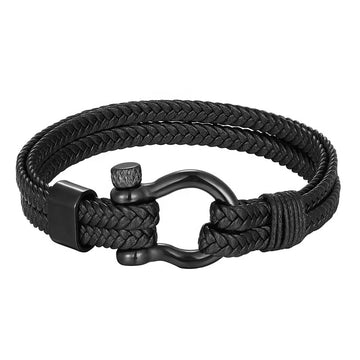 Double Layer Leather Bracelet Black Steel Buckle