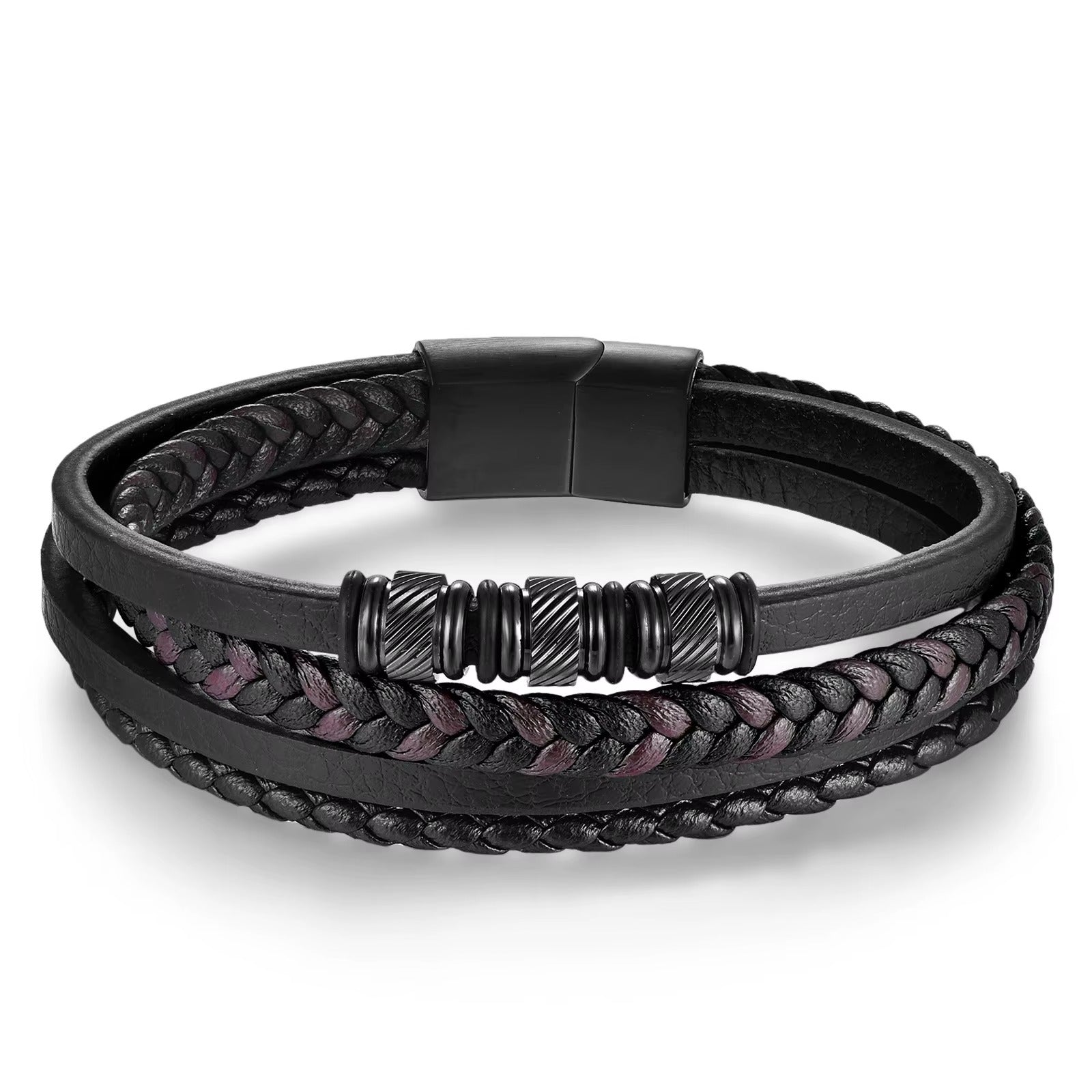 Men’s Multi Layer Leather Bracelet with Steel Clasp
