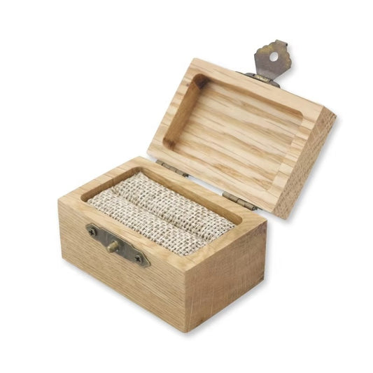 Personalized whiskey barrel wood ring box with custom engraving.