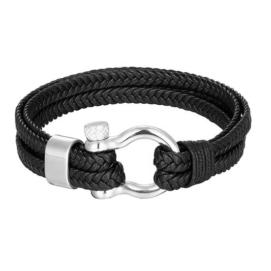 Double Layer Leather Bracelet Black Steel Buckle