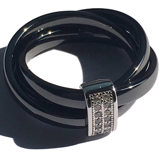 Ceramic & Silver Steel Tricyclic Ring Unisex Band