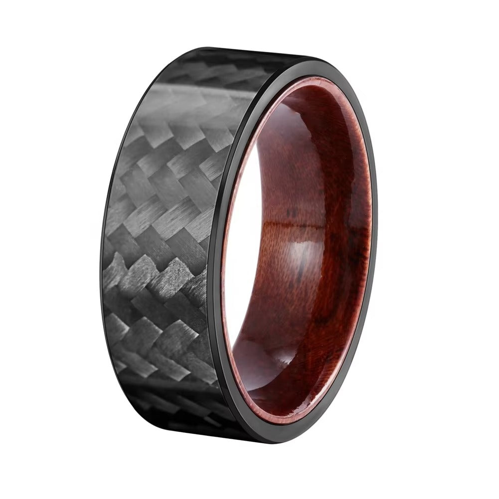 Black Carbon Fiber Ring Rosewood Interior Comfort Fit