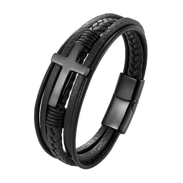 Men’s Braided Leather Bracelet with Cross & Steel Clasp